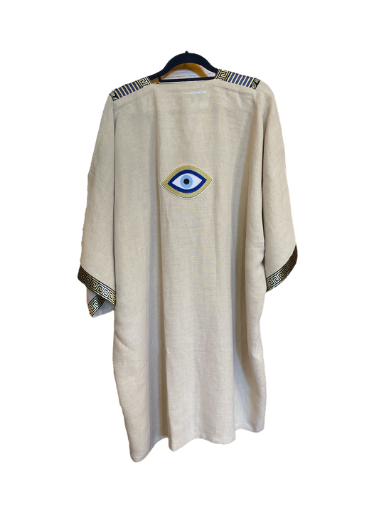 Beige Linen Floral Abaya with Evil Eye