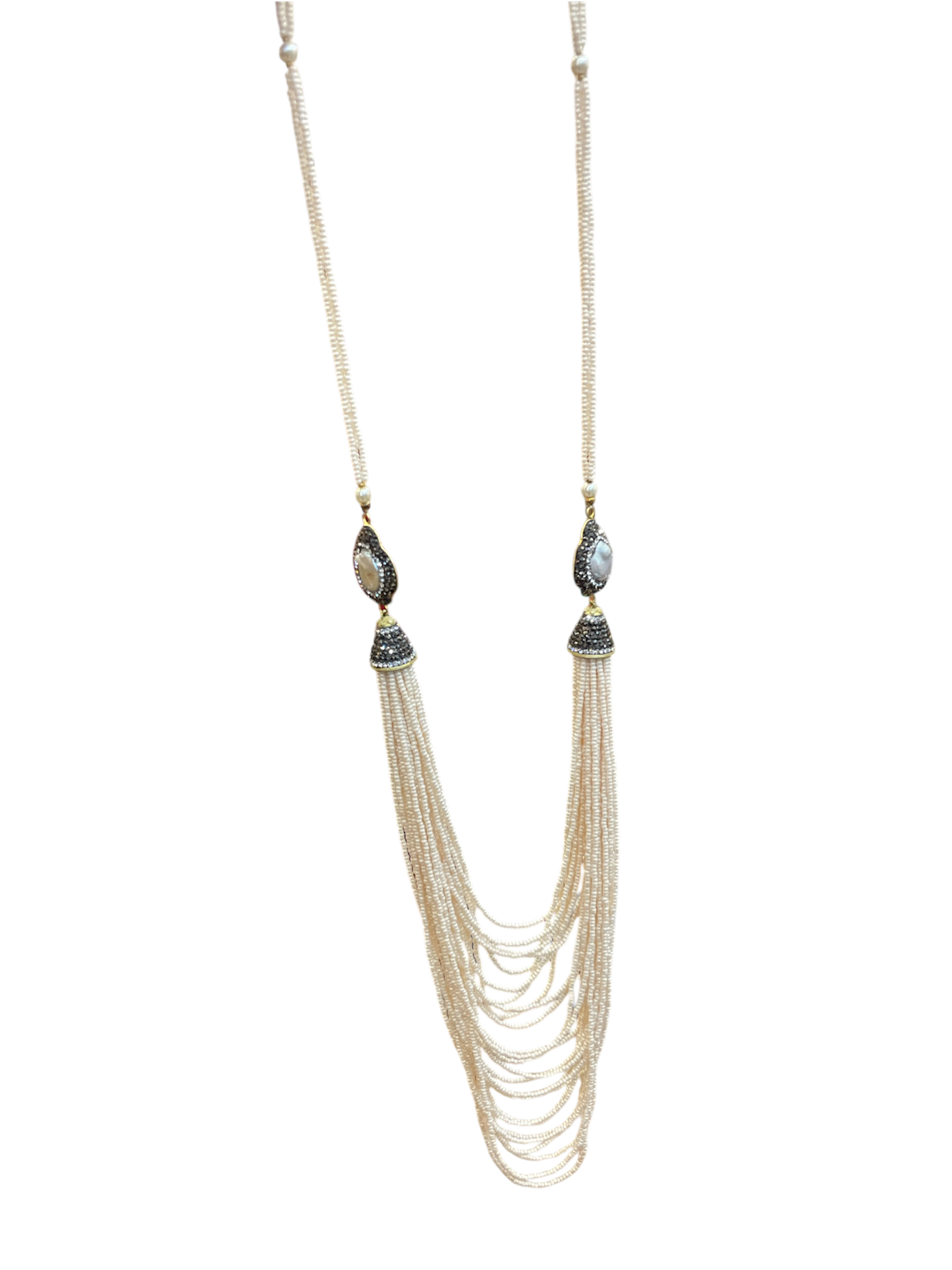 Layered White Beaded Necklace with Gemstone Accents