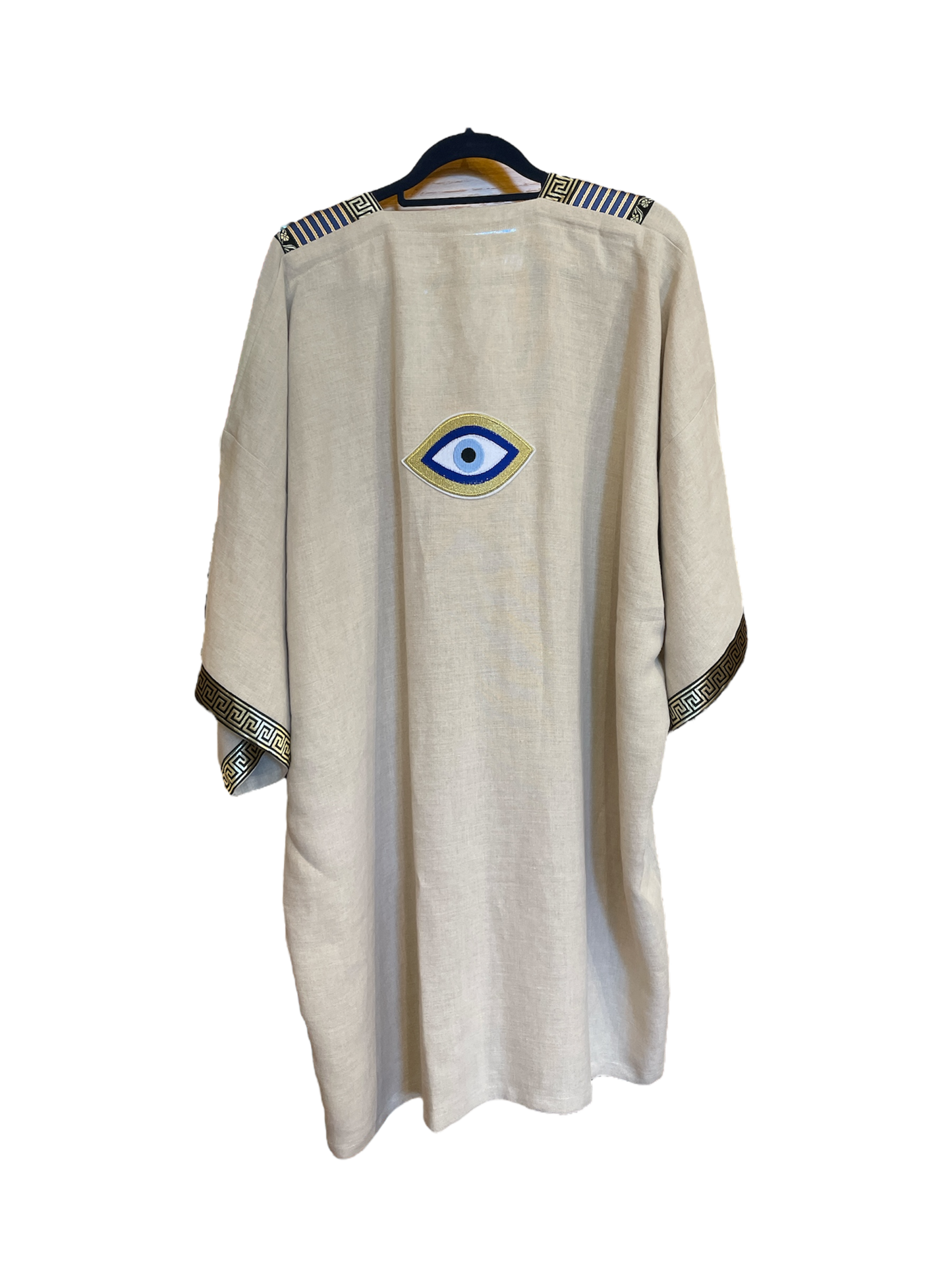 Beige Linen Floral Abaya with Evil Eye