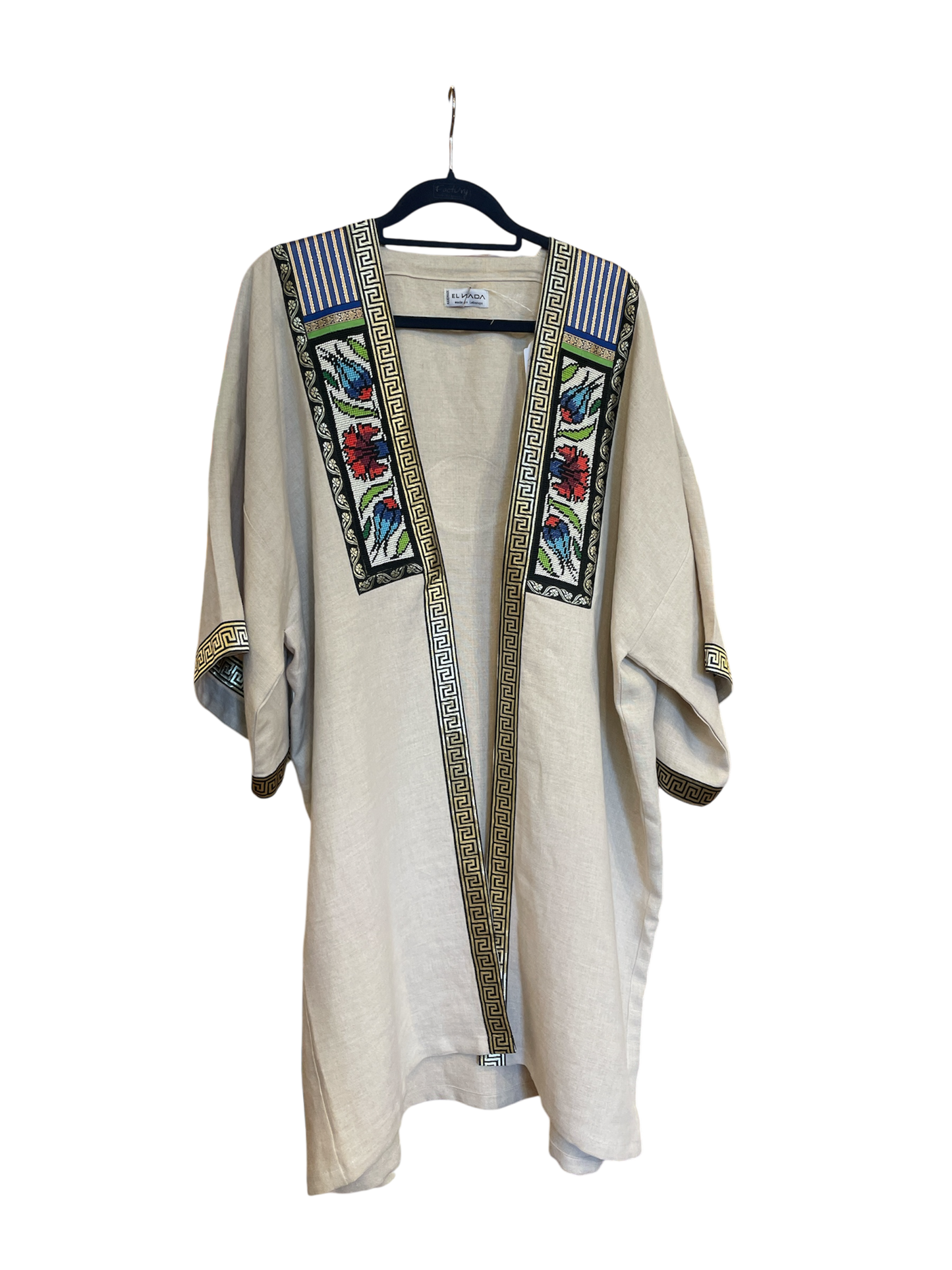 Beige Linen Floral Abaya with Evil Eye