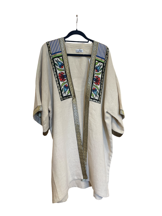 Beige Linen Floral Abaya with Evil Eye